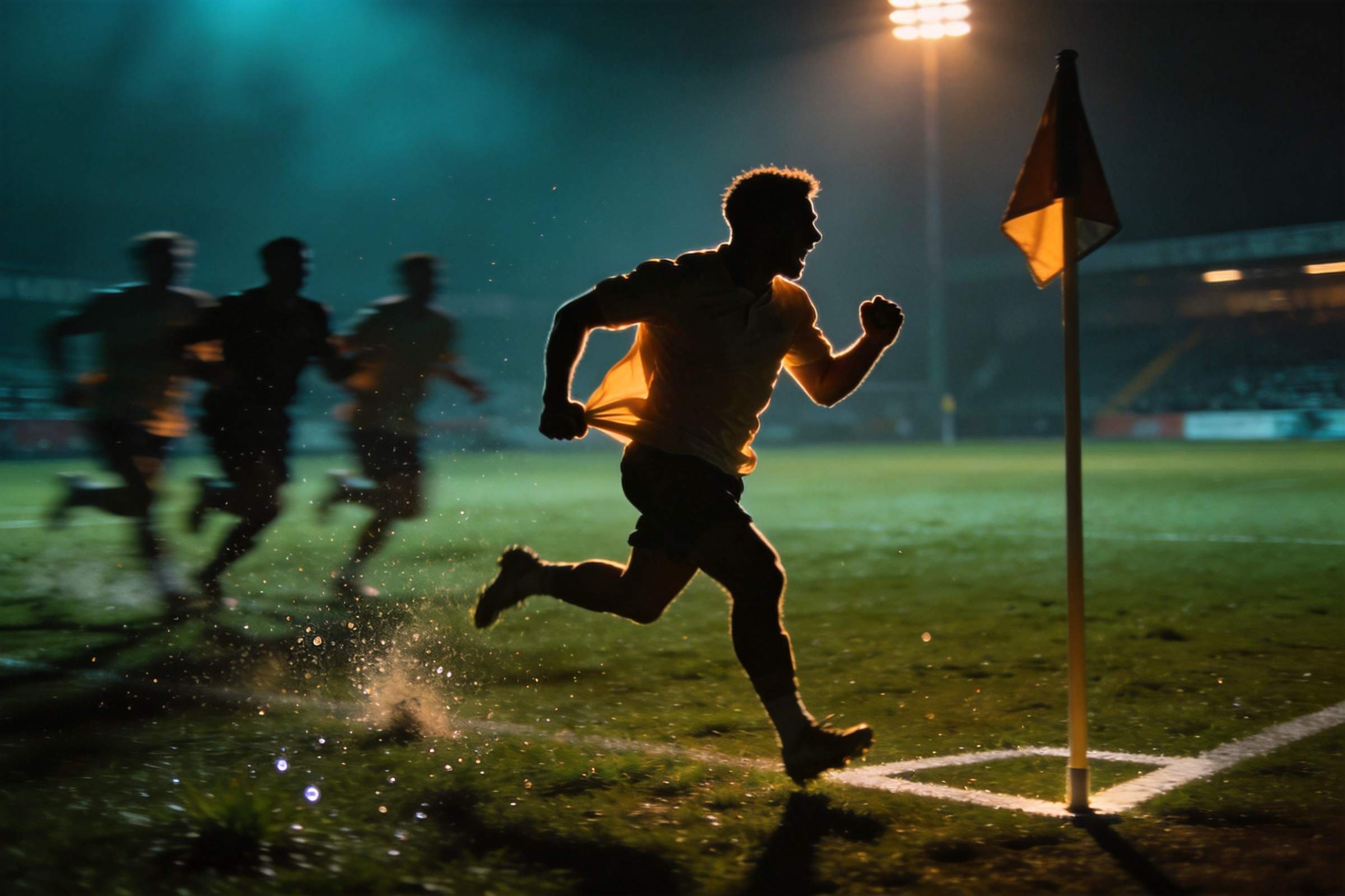 Soccer player sprinting past the corner flag at night, teammates blurred behind
