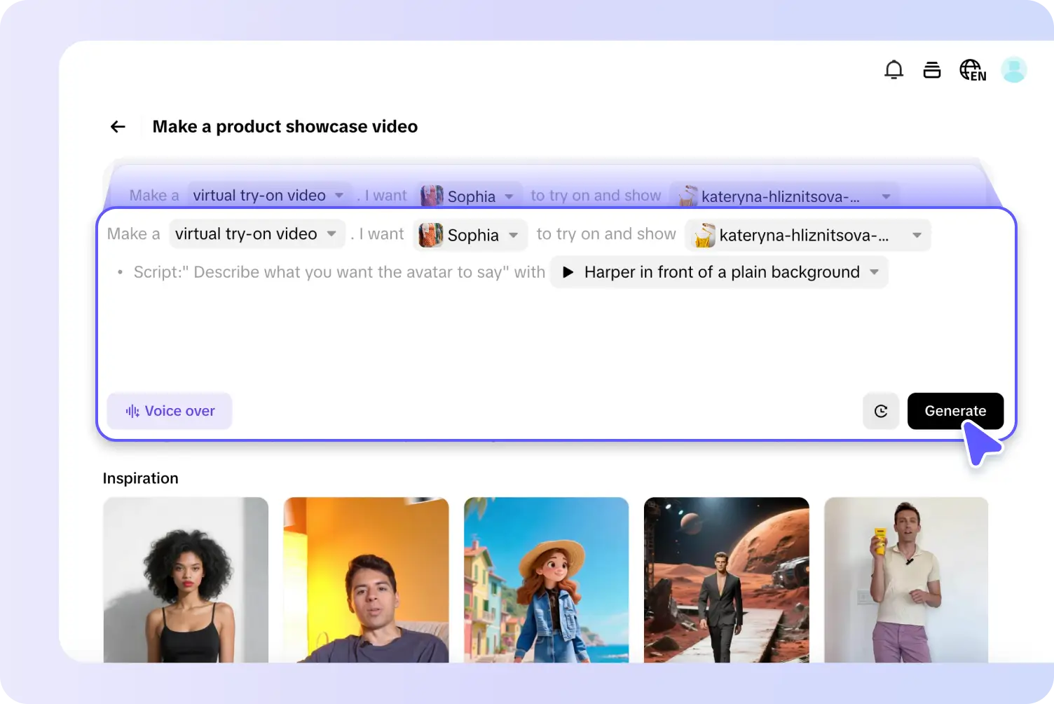  Choose your model, upload outfit, and add script