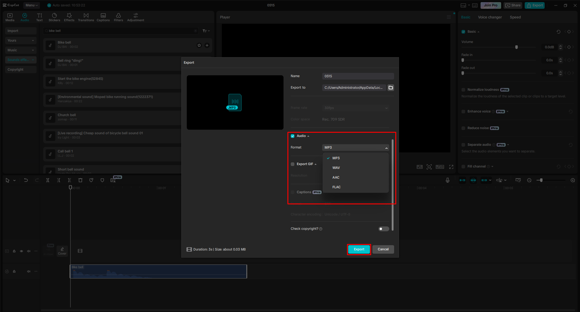 Export the bike bell audio file