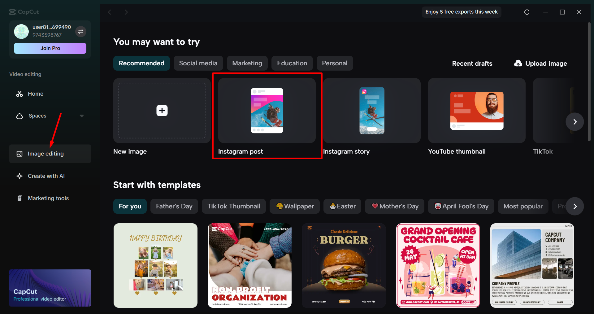 Memilih posting Instagram di editor video desktop CapCut