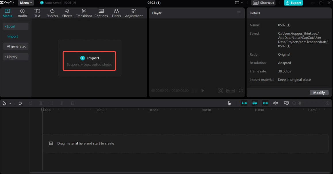 Upload media for song translations on the CapCut online video editor