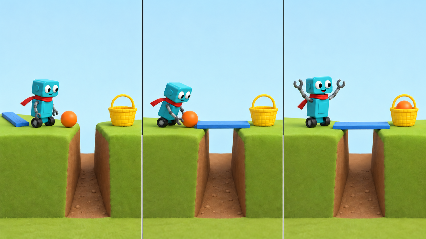 Illustrated storyboard showing a robot with a blocked ball then a plank bridge and finally the ball inside a basket