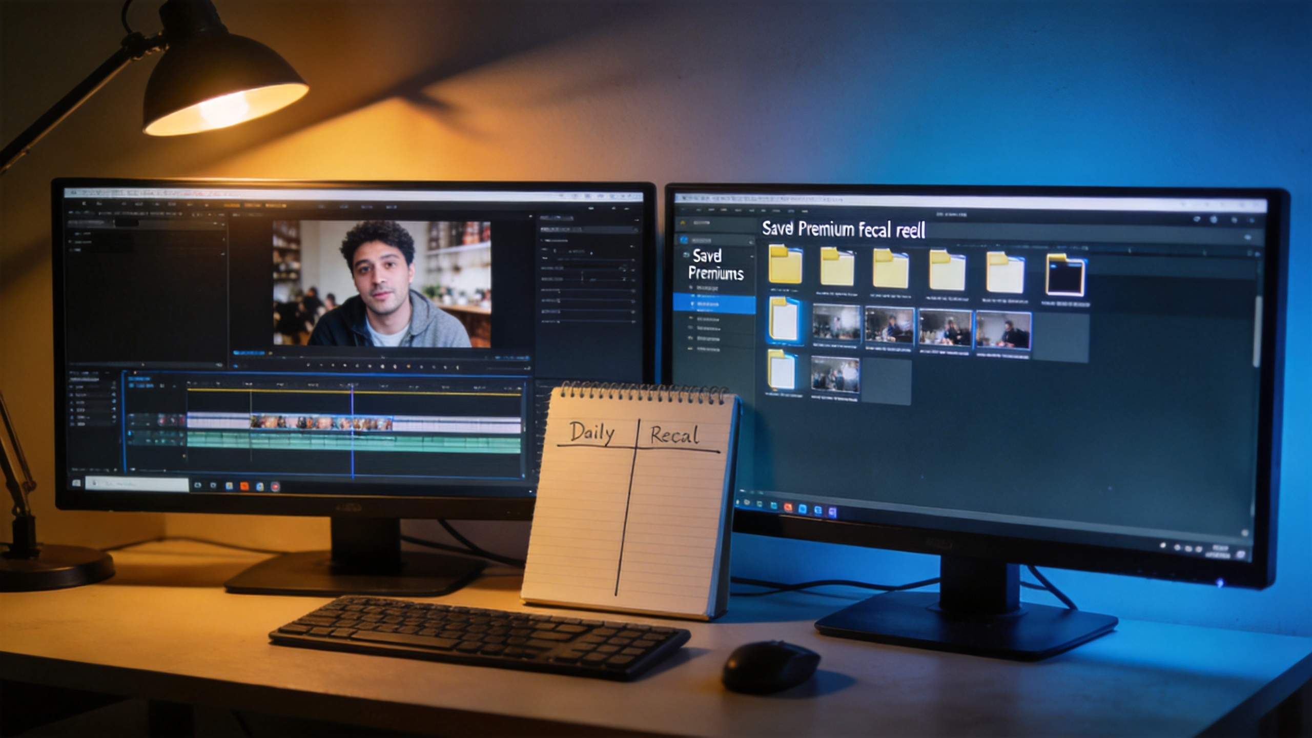 Dual monitors show video editing timelines and media folders beside a notebook labeled Daily and Reel.