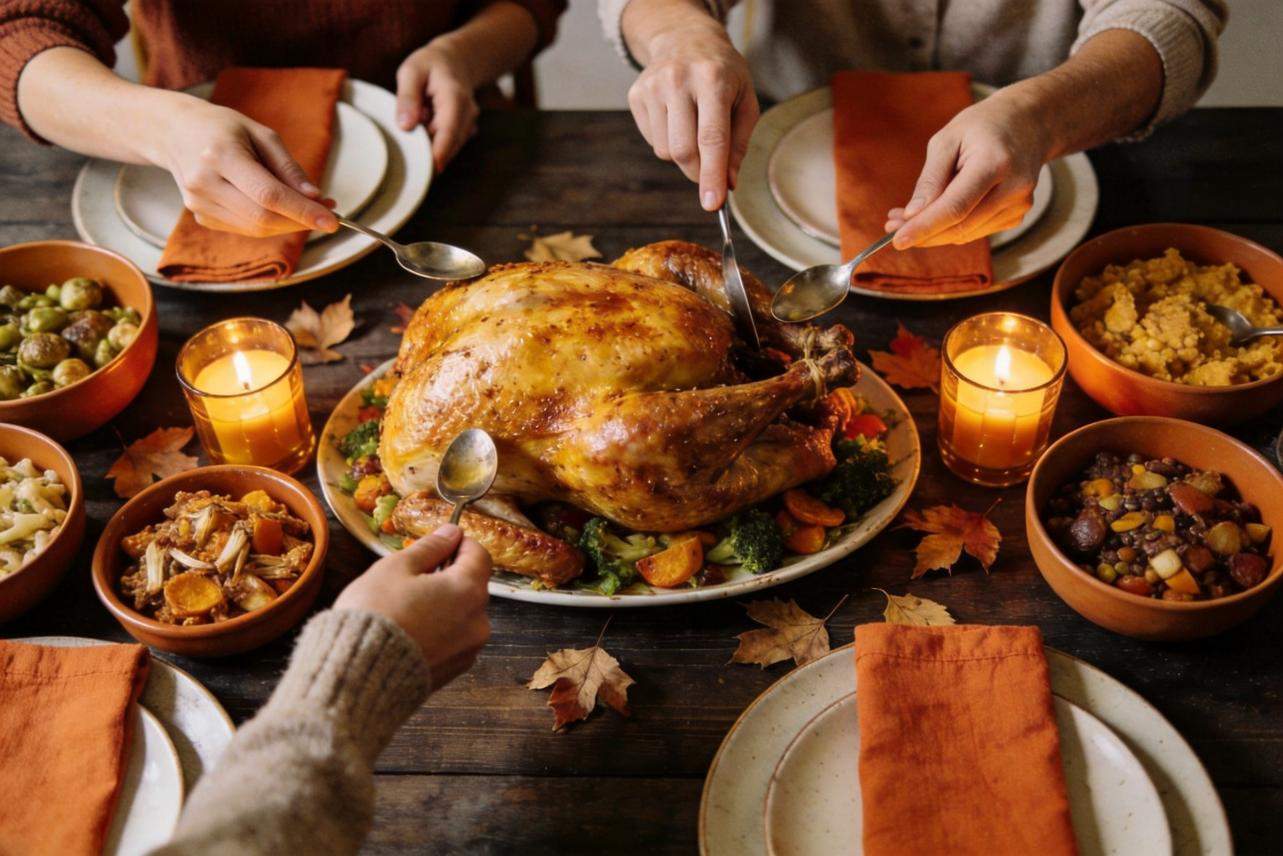 Hands serving a Thanksgiving turkey surrounded by side dishes and candles