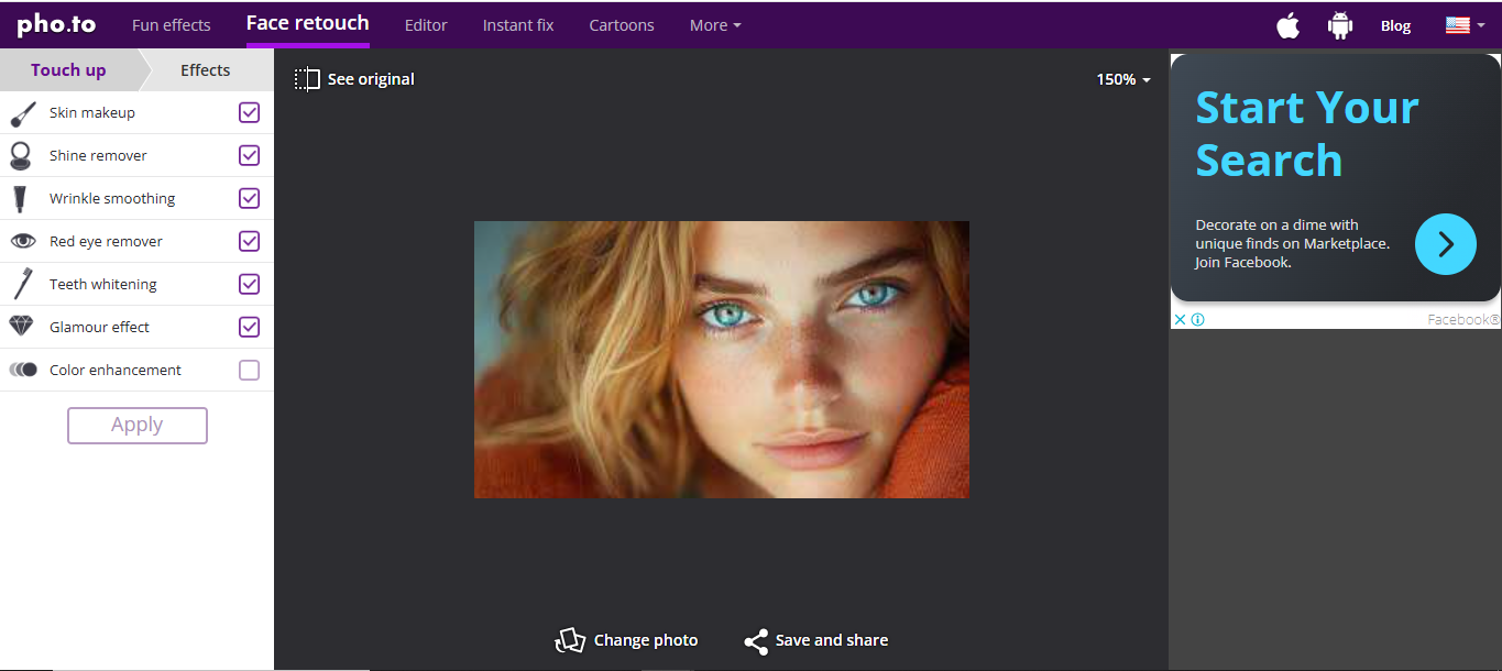 Interface of Visage Lab - an effective photo editor and face cleaner
