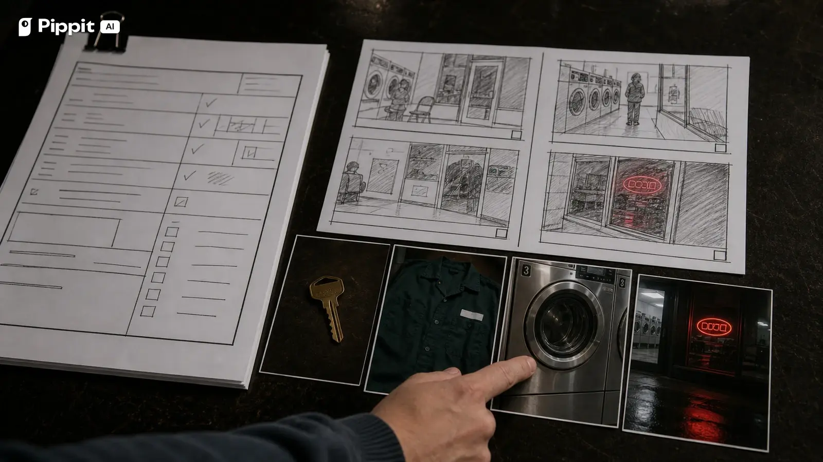 A scene contract sits beside laundromat storyboards and continuity references for a key, shirt, dryer, and sign.
