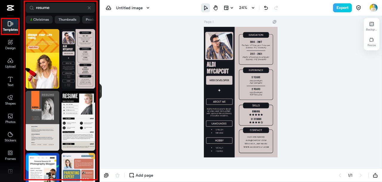 CapCut resume and matching cover letter templates