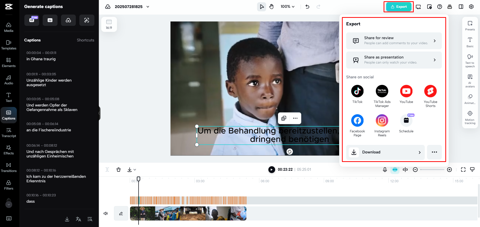 Exporting a video from CapCut Web
