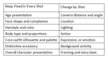 Table comparing fixed character traits with shot-by-shot variables like camera angle, lighting, and emotion