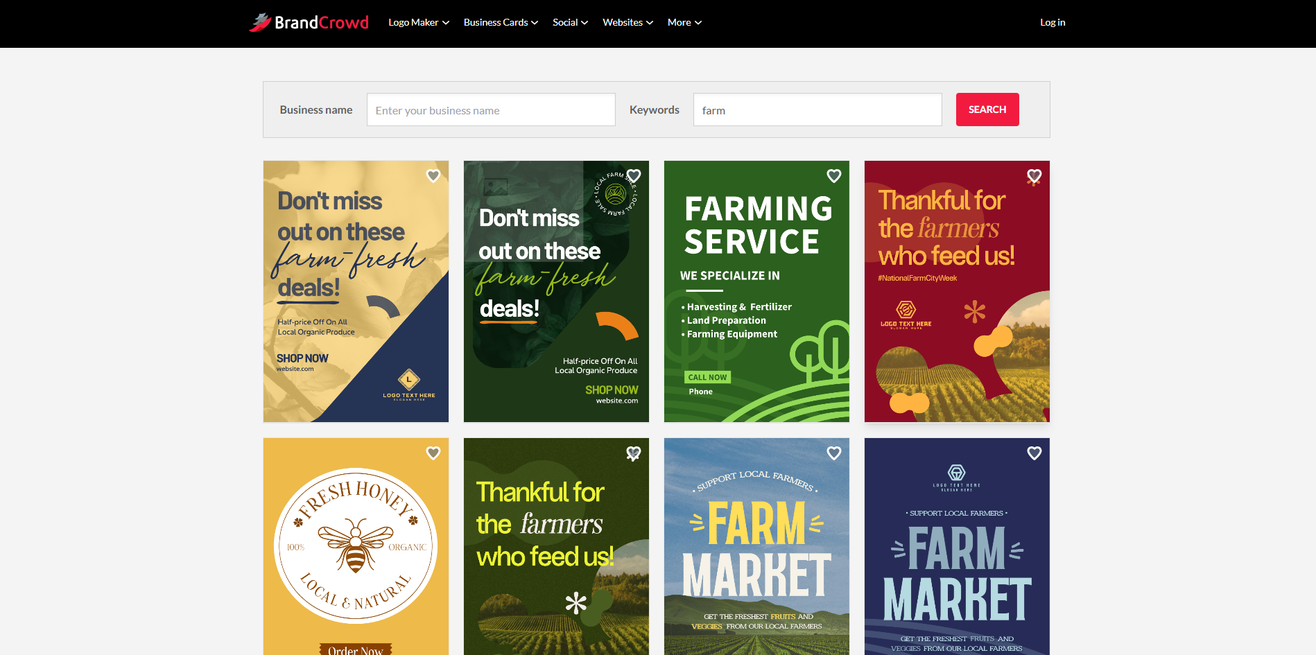 Interface of BrandCrowd - the most liked animal farm poster maker