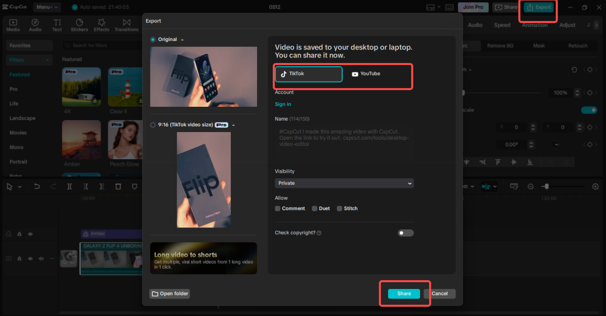 Exporting and sharing the video in CapCut