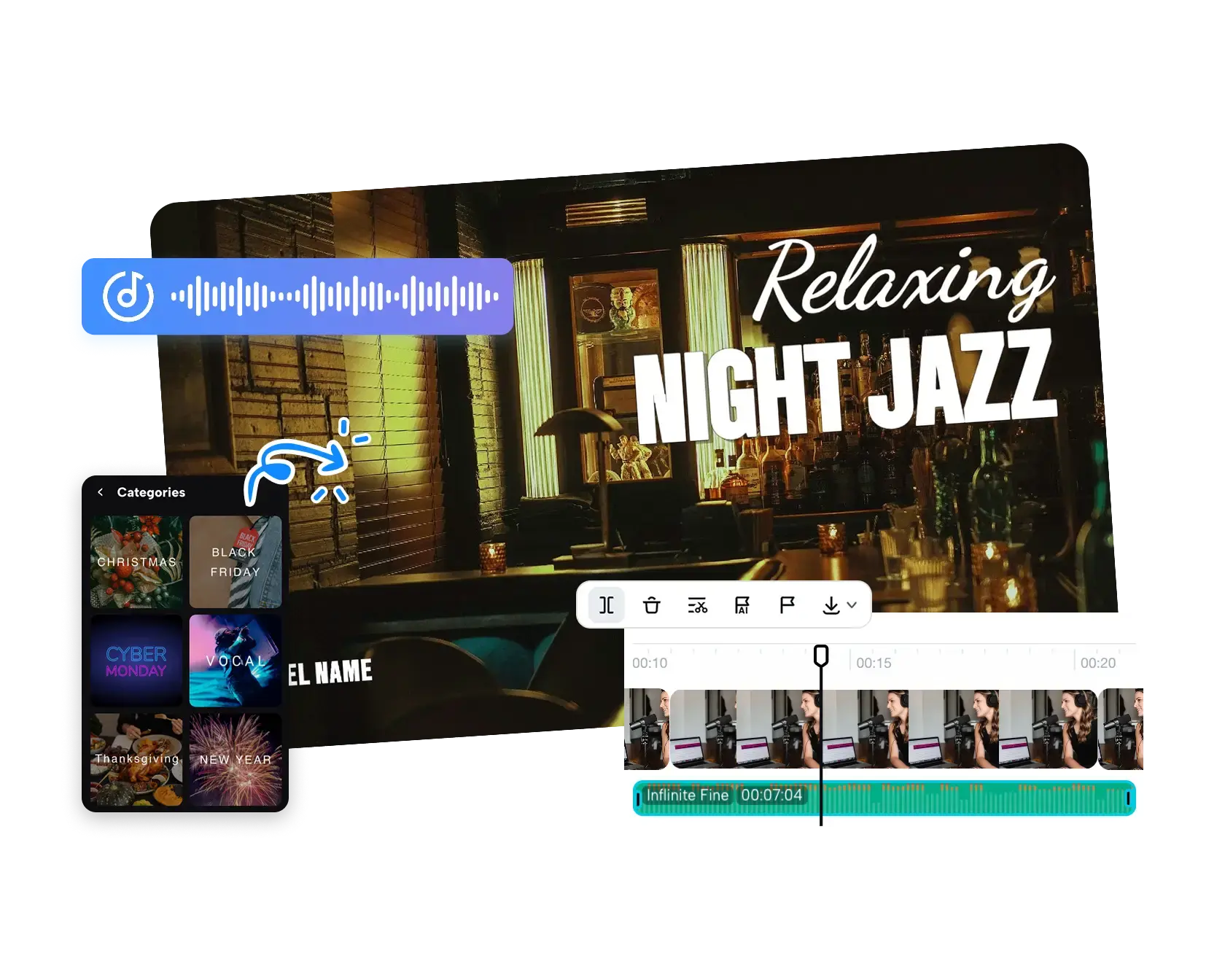 A futuristic holographic interface for video editing, showing a gallery of music video templates and audio waveforms.