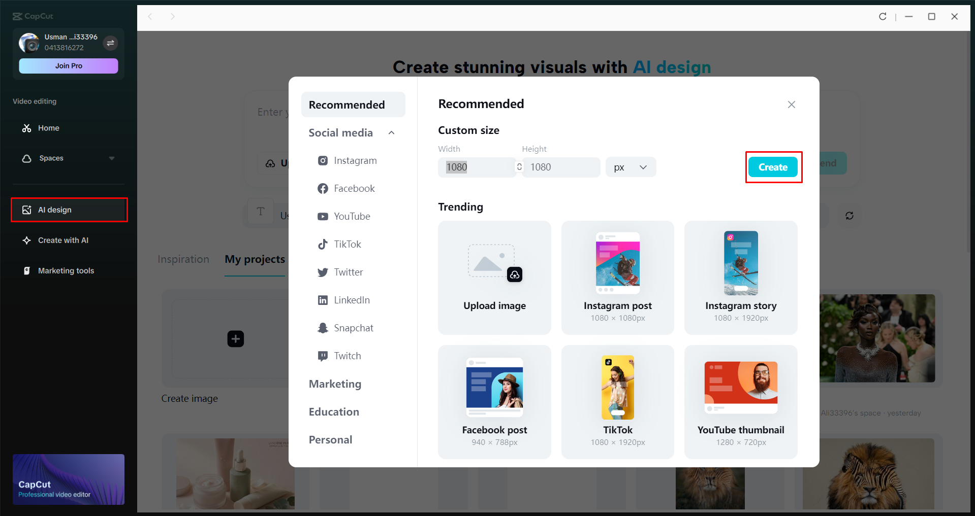 Accessing CapCut's AI design tool