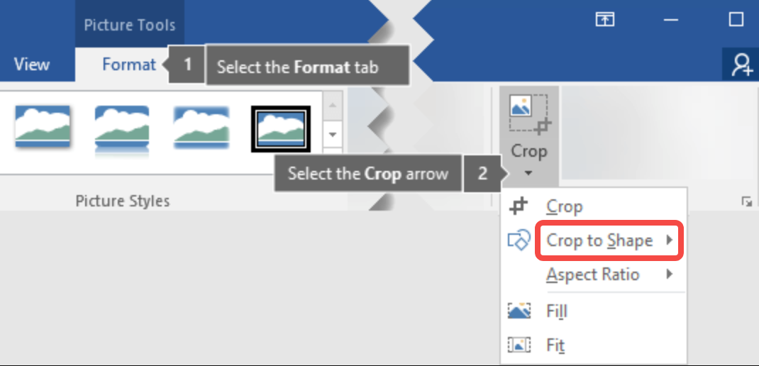 Showing how to crop an image in Microsoft Word to a shape