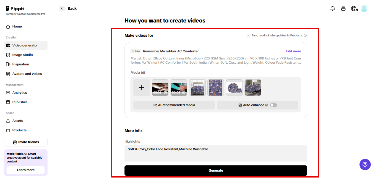 Customizing video details in Pippit