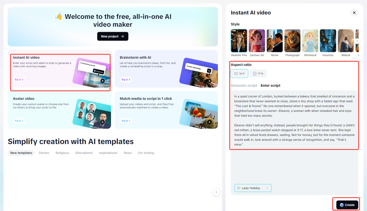 Alt Set video style and enter your script