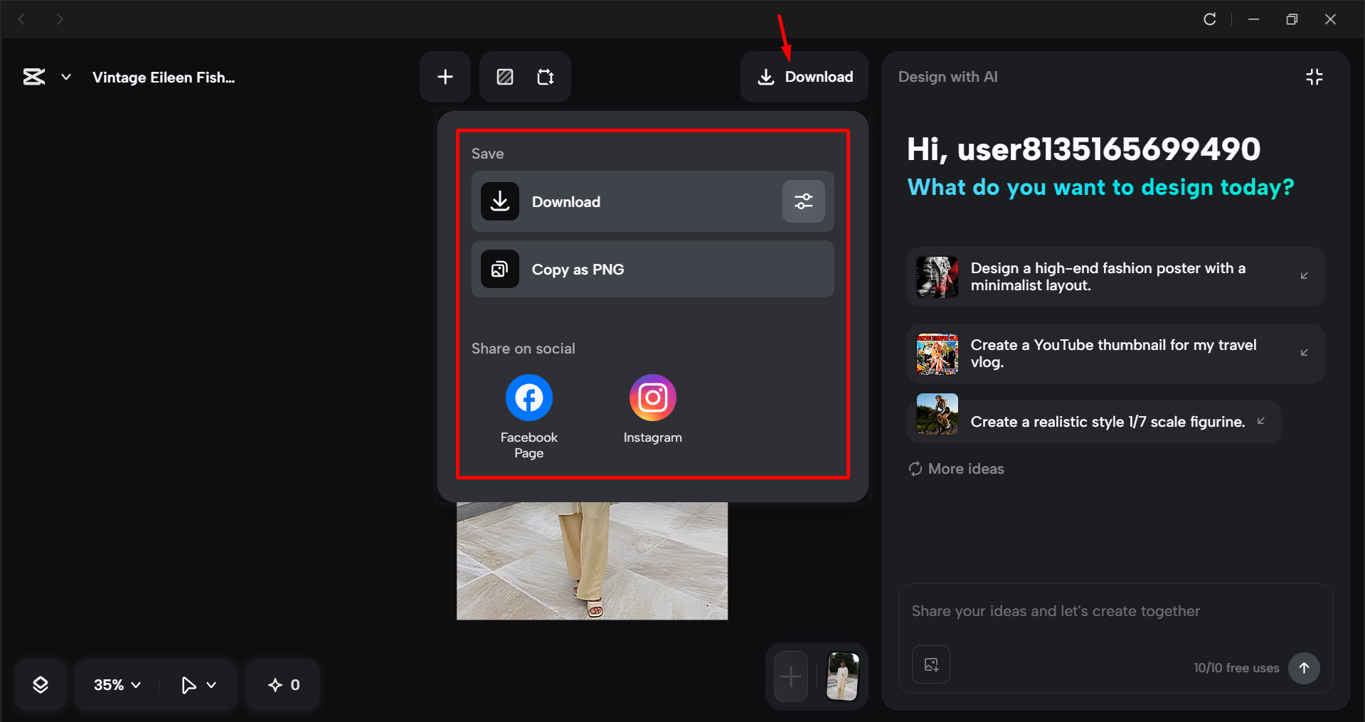 Downloading the image from the CapCut desktop video editor
