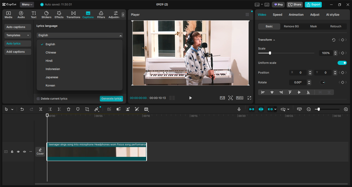 Editing interface of CapCut desktop video editor - best AI song lyrics video generator