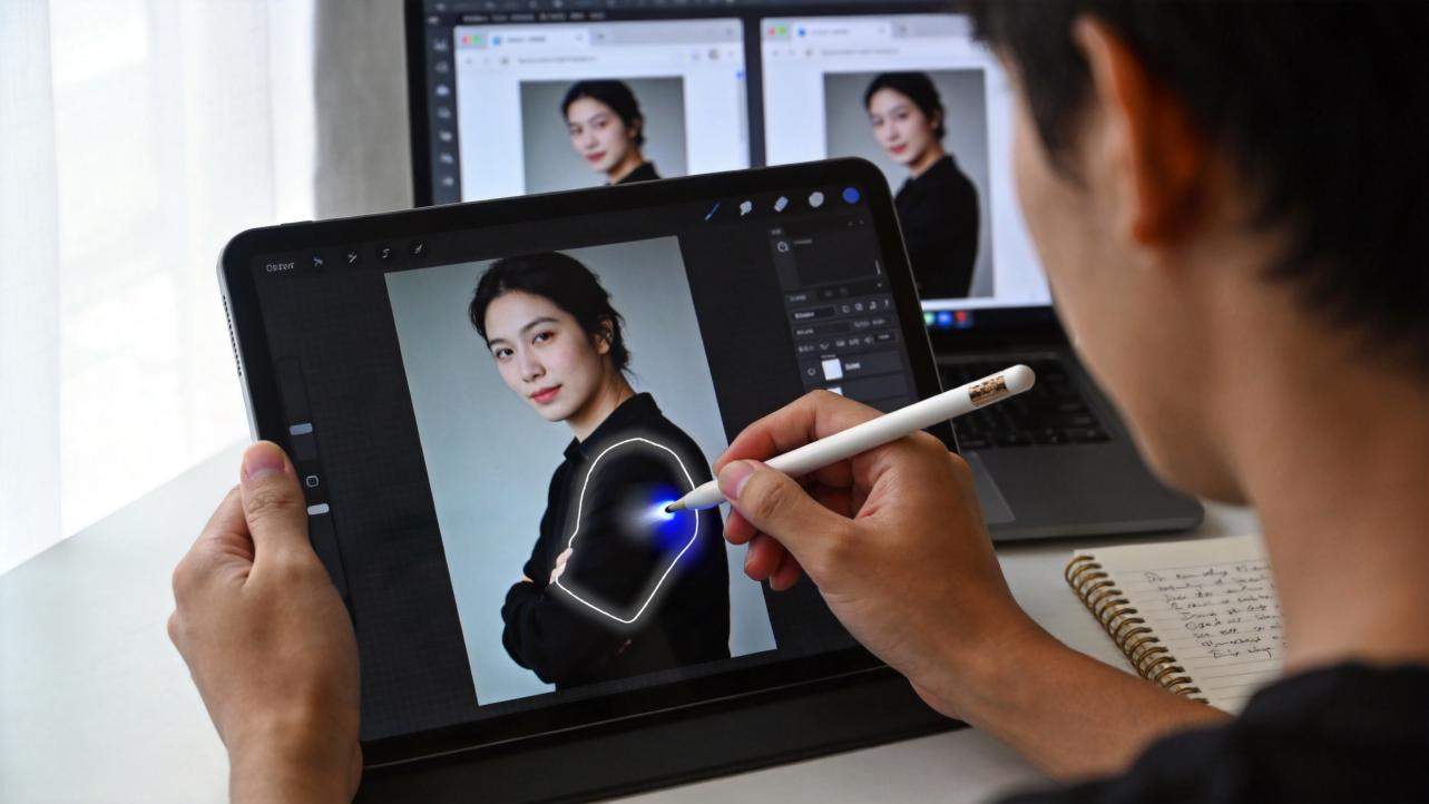Person editing a portrait on a tablet with a stylus, highlighting part of the subject's shoulder