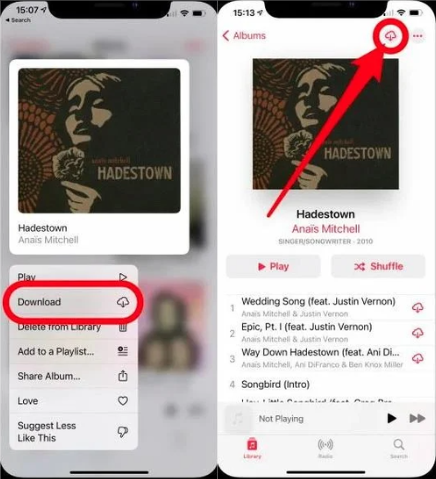 Showing how to save music from Apple Music on a mobile phone