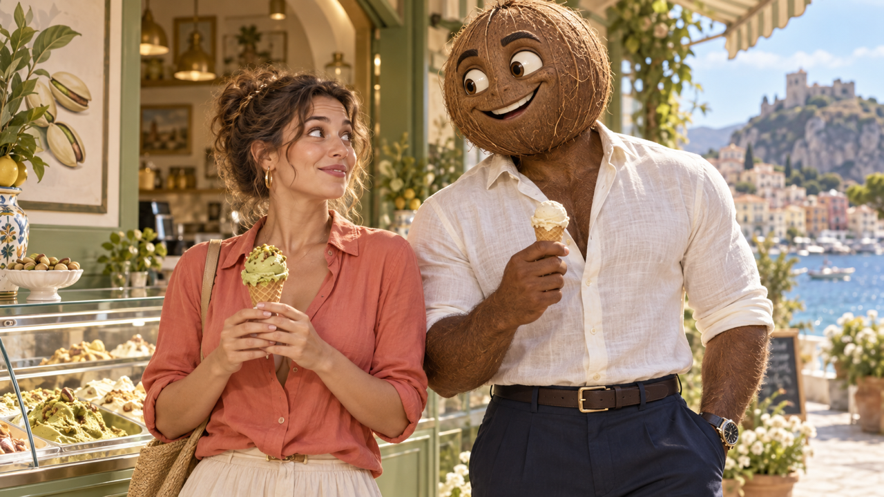 Illustrative reveal keyframe, not a tested video result: adult woman in coral shirt holding pistachio cone, looking amused and surprised at tall friendly muscular coconut-headed character in navy trousers holding another little cone; sunny artisan gelato shop, warm daylight, medium-wide landscape 16:9.