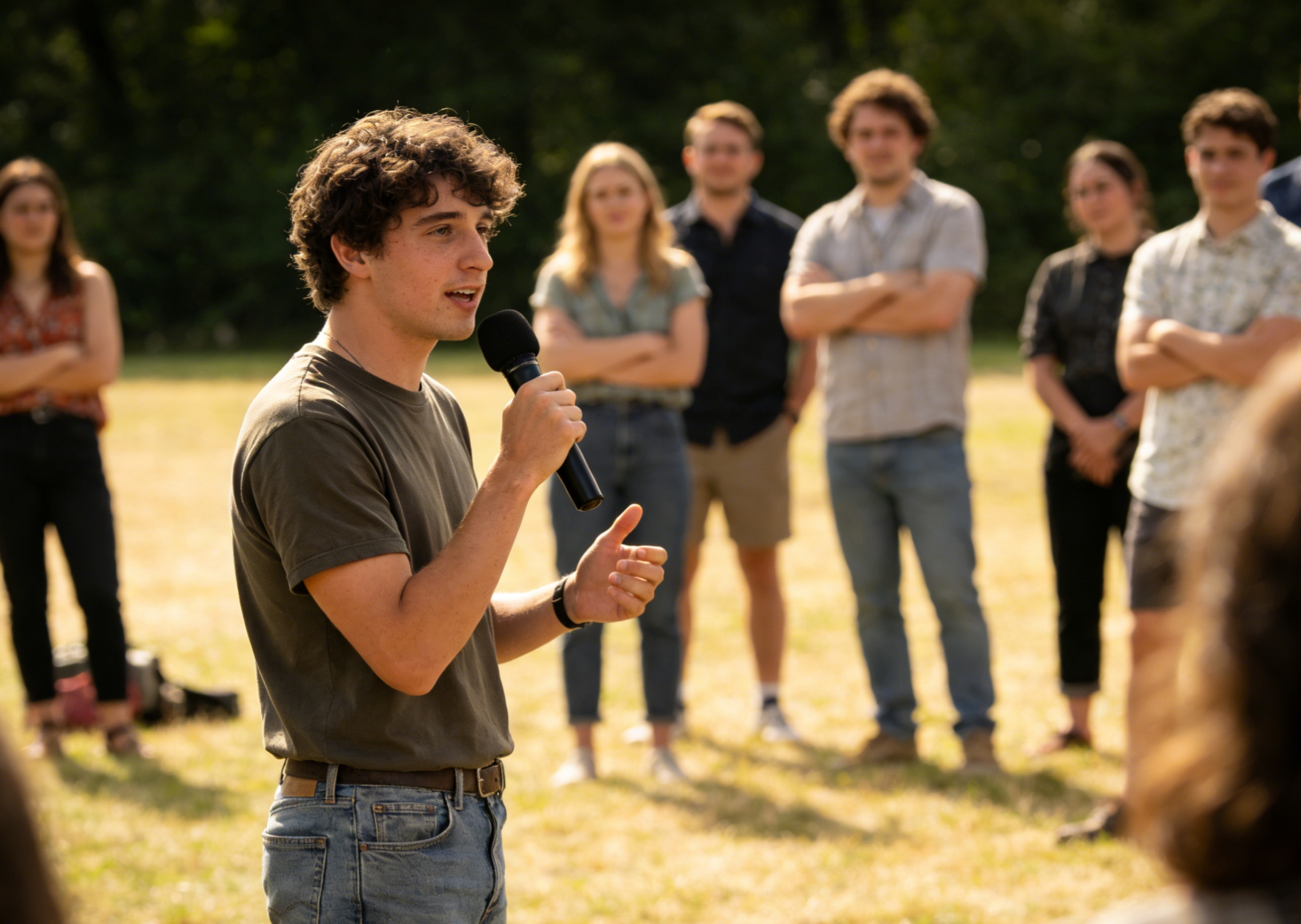 Açık havada konuşma, kendinden emin ve net bir ses veren genç bir adamın ses klibini oluşturun