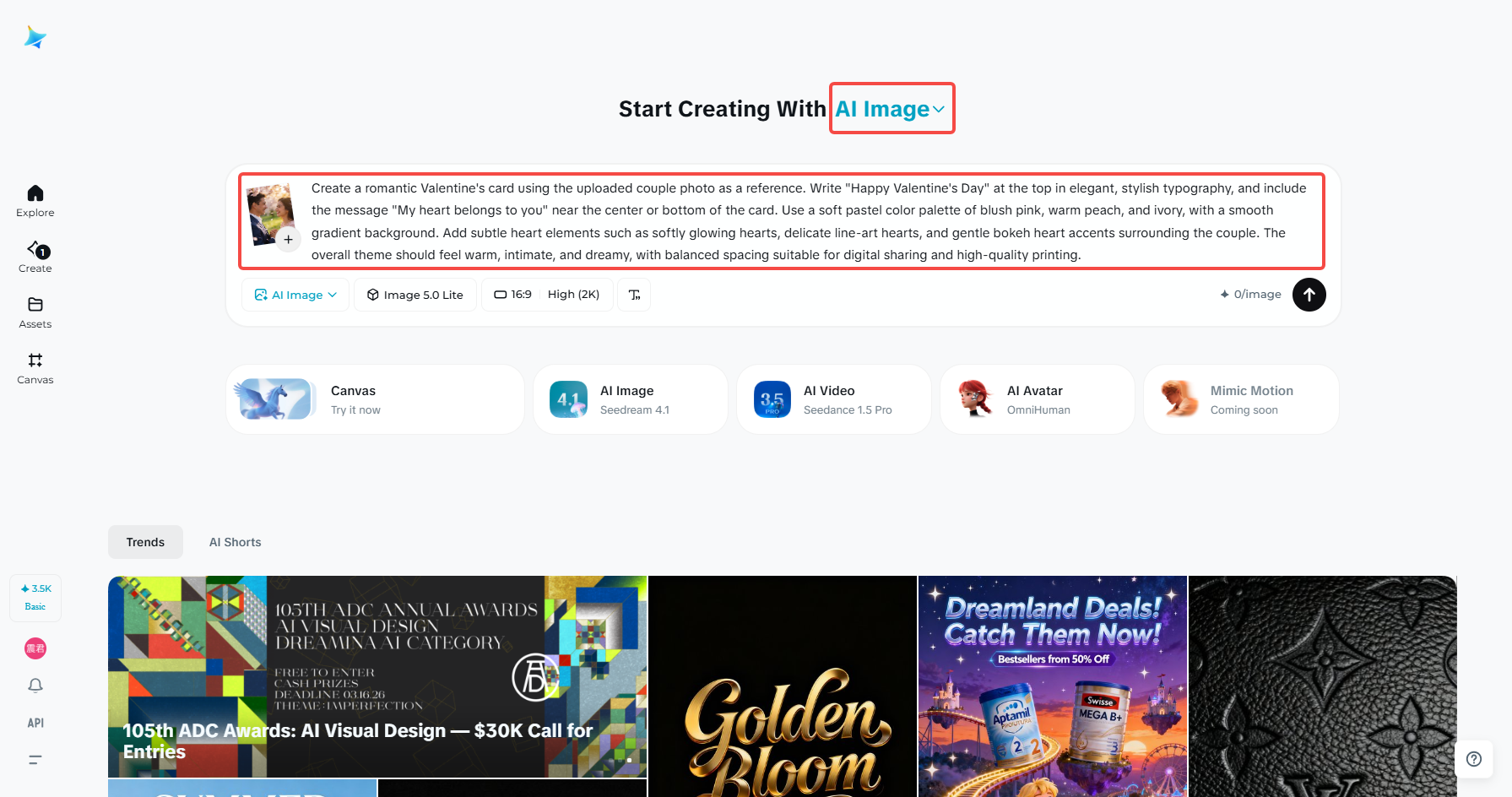 Open AI Image and add a Valentine's card prompt