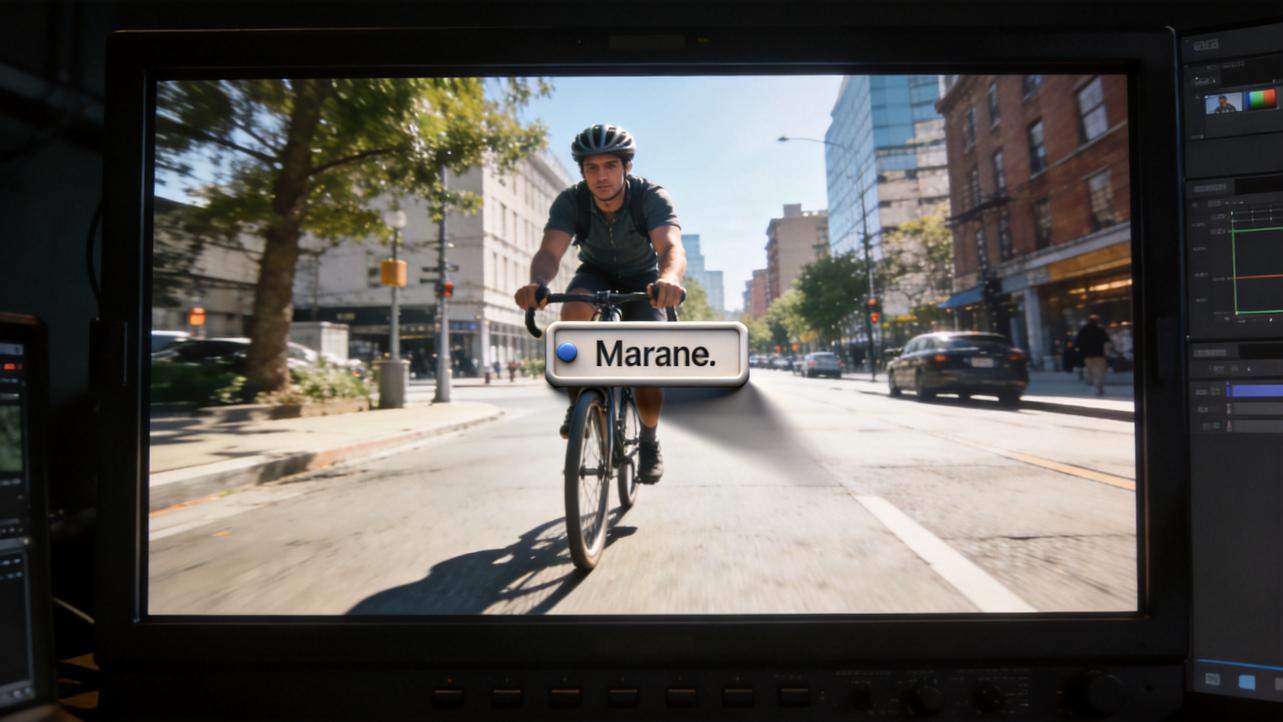 Cyclist riding downtown with a labeled text box following him on screen
