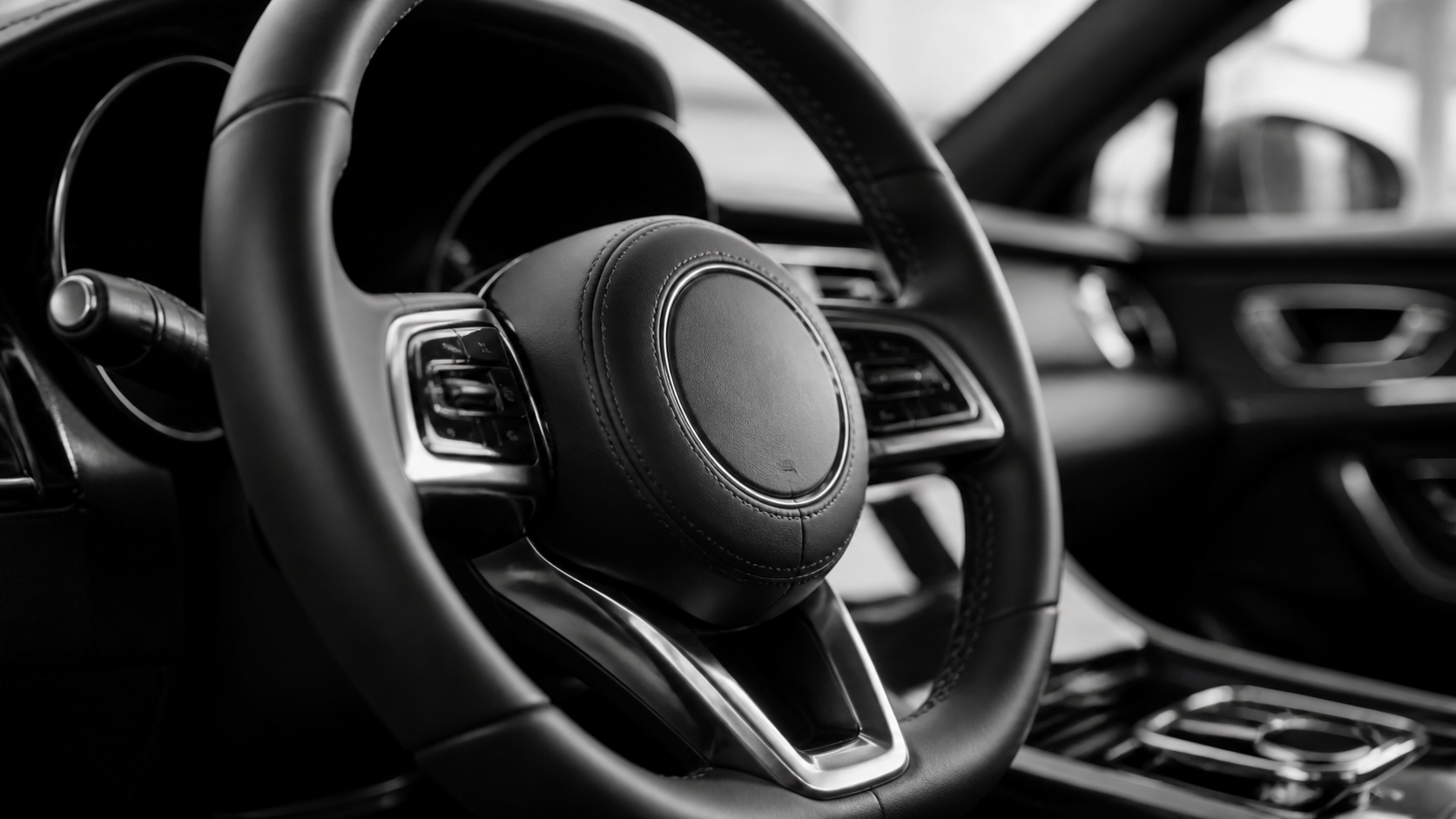 Exemplo de prompt de foto de carro de luxo IA preto e branco 1 - retrato editorial de foto de carro de luxo preto e branco