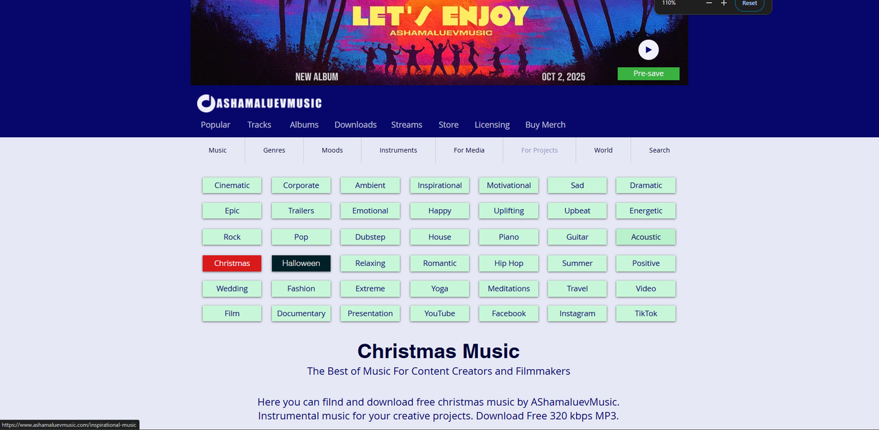 Interface of AShamaluevMusic - a site to download free Christmas music