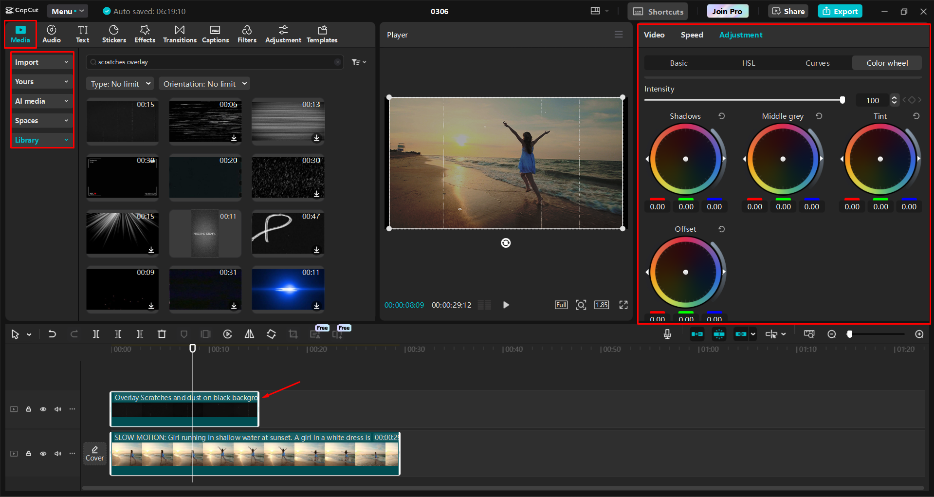Adding and adjusting a film scratches overlay to videos in the CapCut desktop video editor