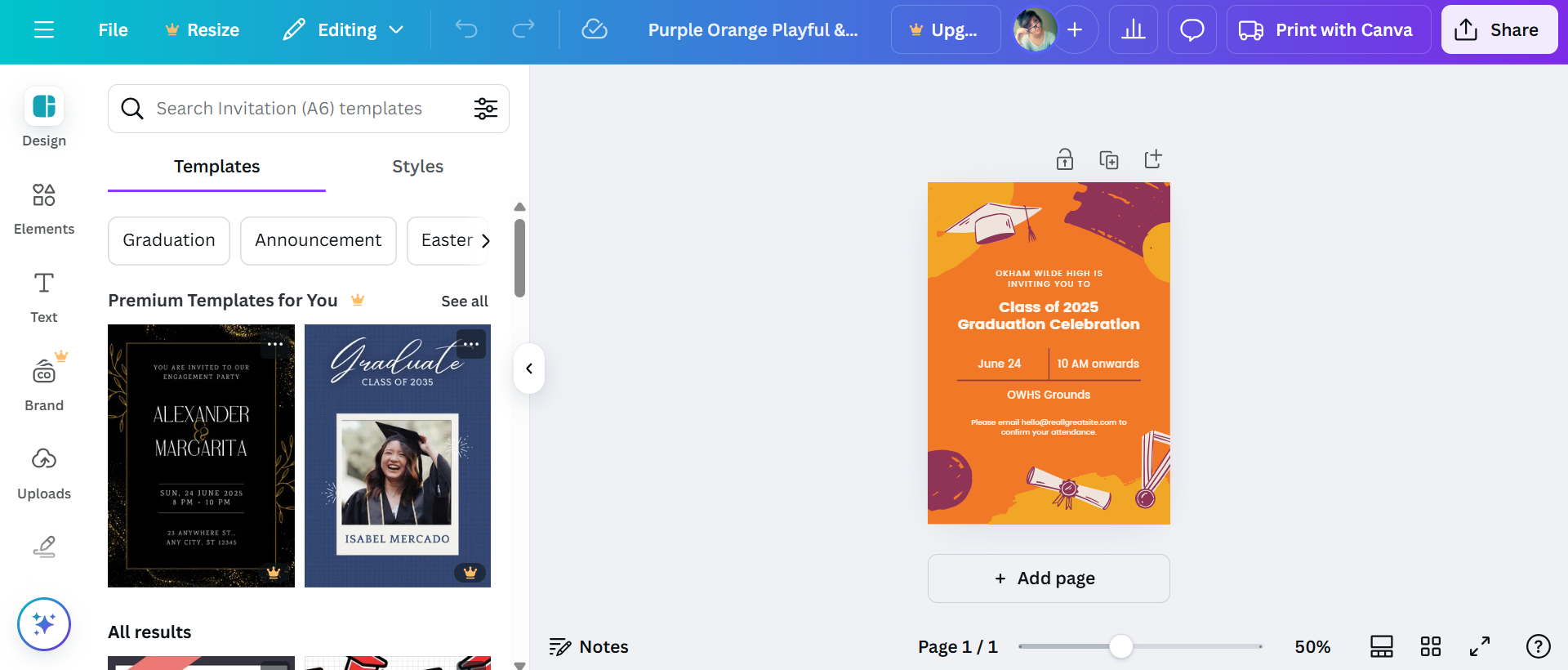 Electronic graduation announcements free with Canva