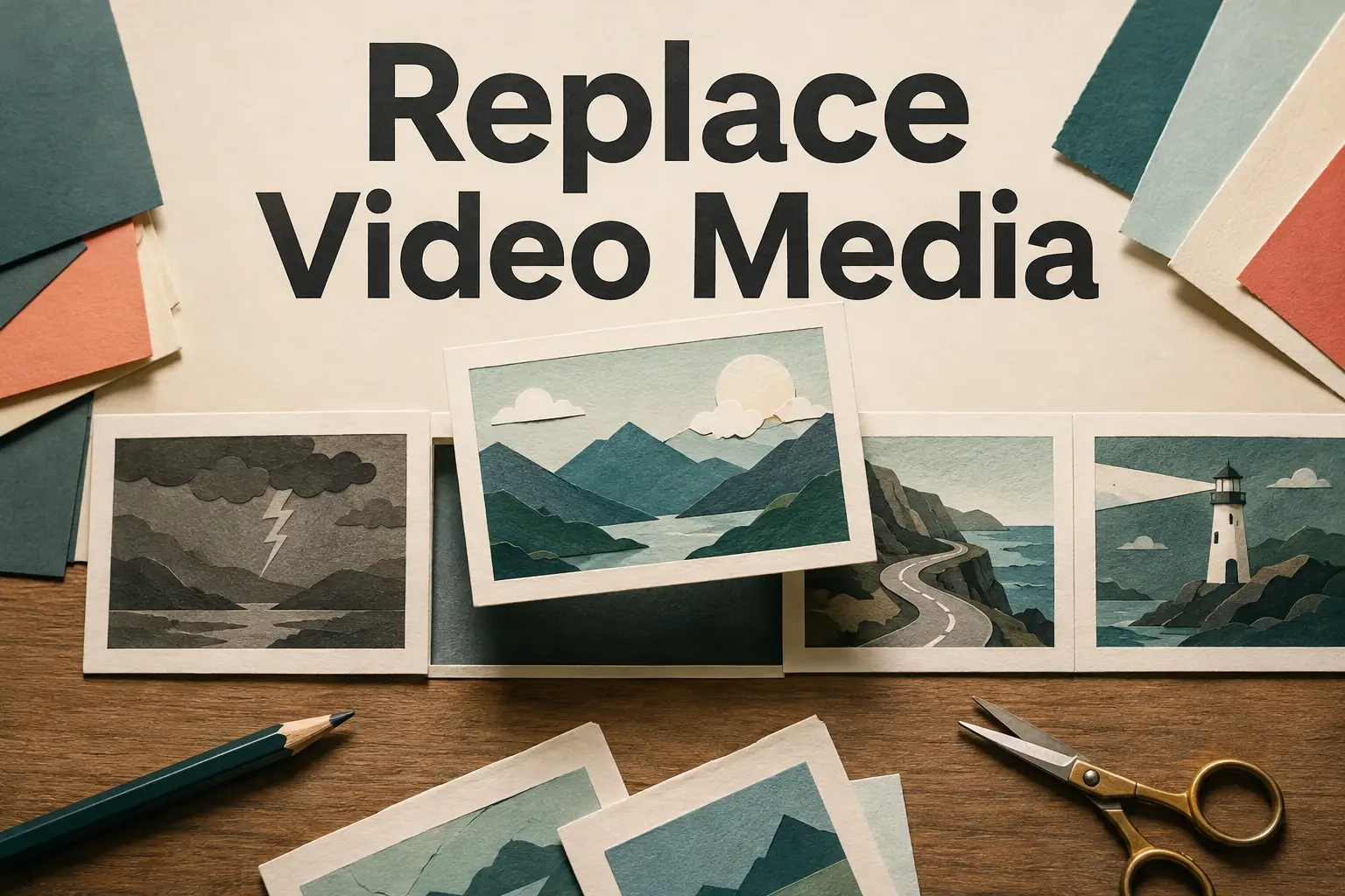 Paper storyboard cards showing one video scene being replaced