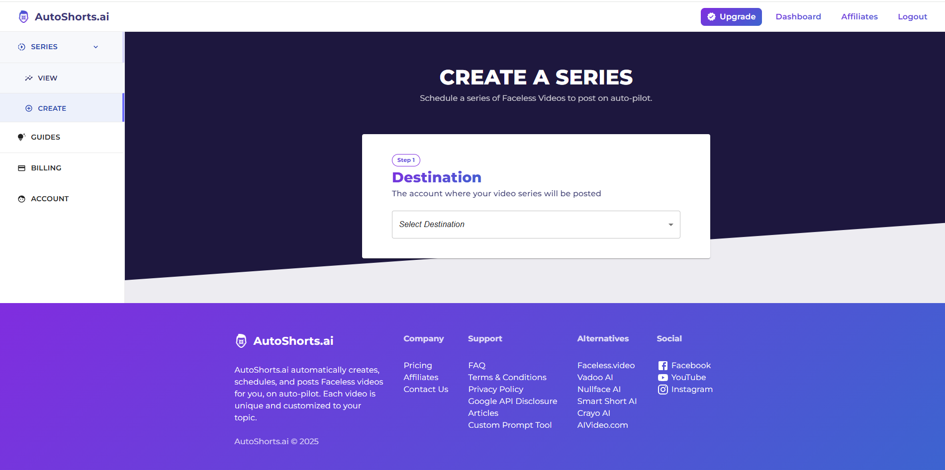 Schnittstelle von AutoShorts.ai - eine schnelle Möglichkeit, gesichtslose KI-Shorts herzustellen