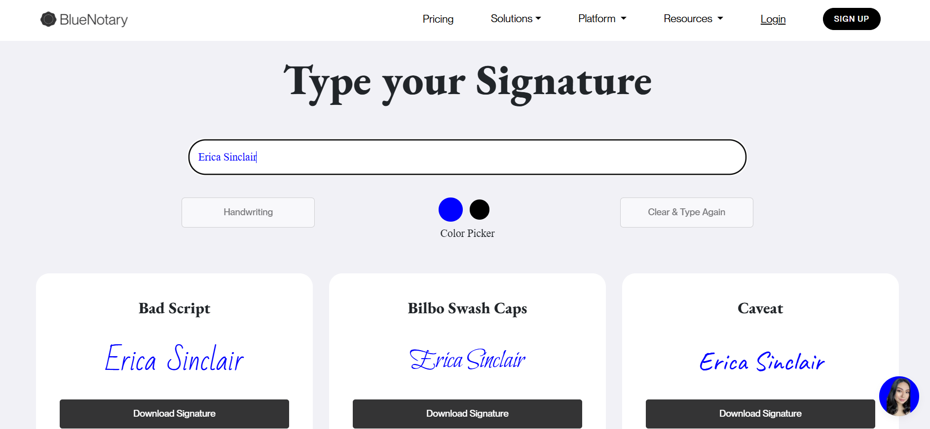 Fancy name signature with BlueNotary
