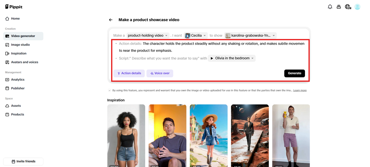 Insira os detalhes da ação, adicione uma locução