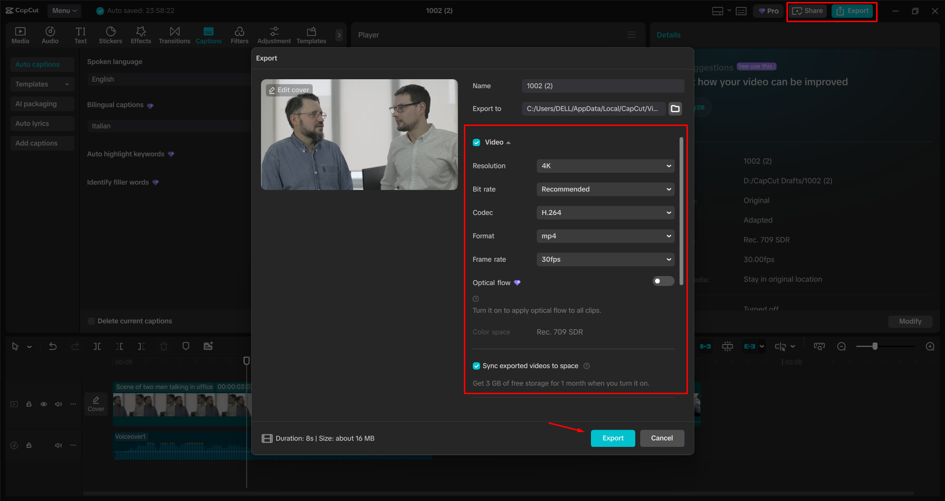 Exporting a video from the CapCut desktop video editor