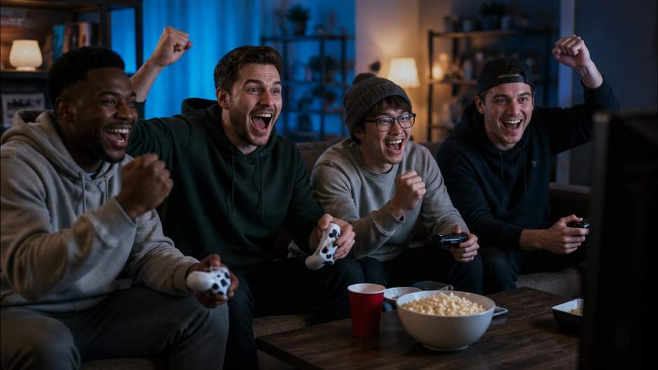 Game Videos Template — friends celebrating a game highlight
