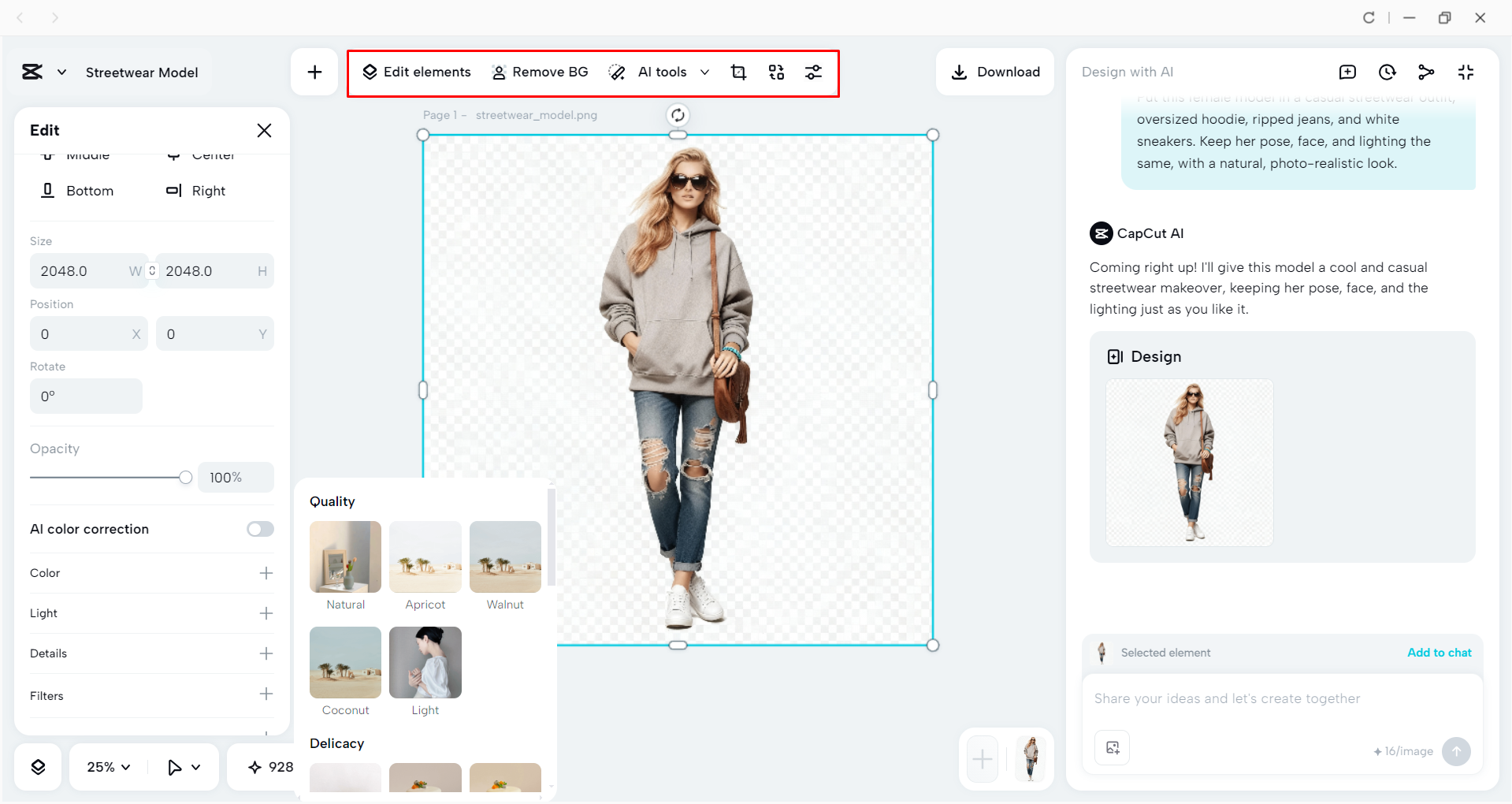 Editing the AI-generated visuals with CapCut