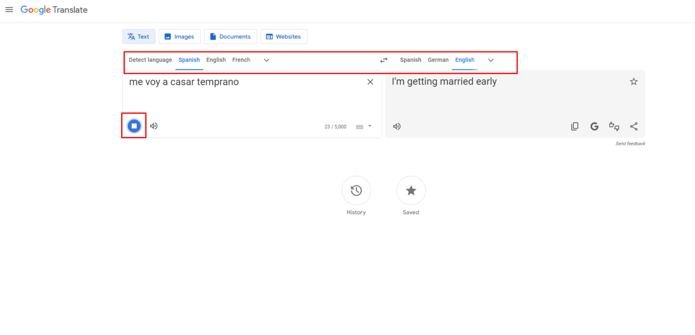 Converting Spanish speech to English text with Google Translate