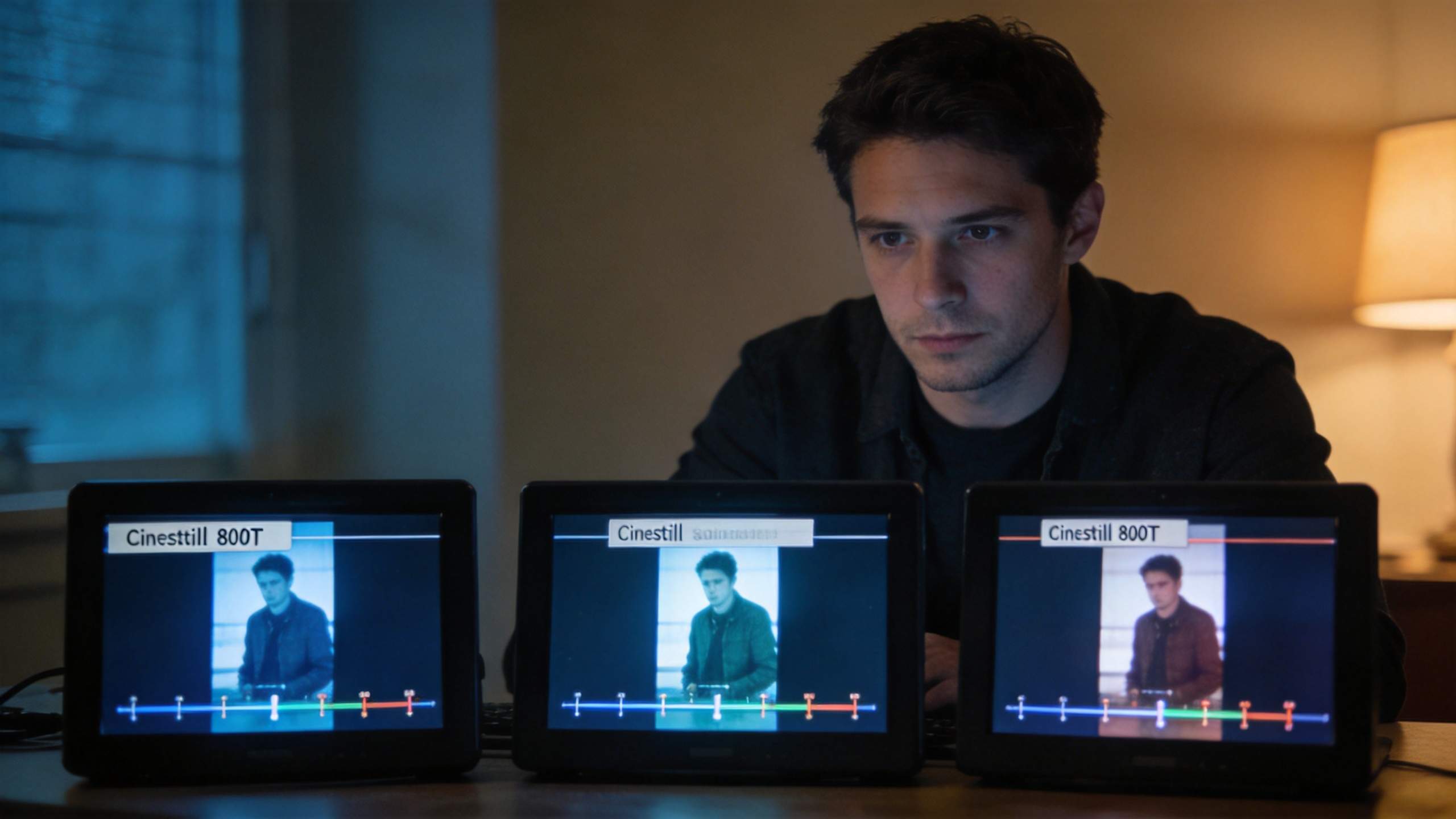 Man compares three tablets showing different Cinestill 800T color grades