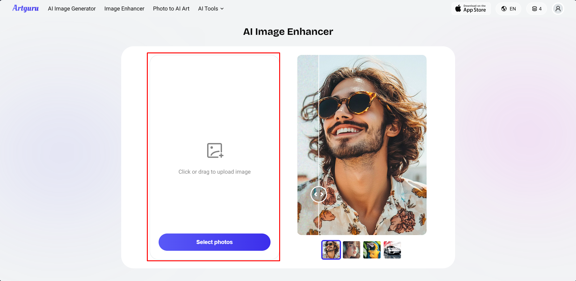 Uploading an image to the ArtGuru AI photo enhancer