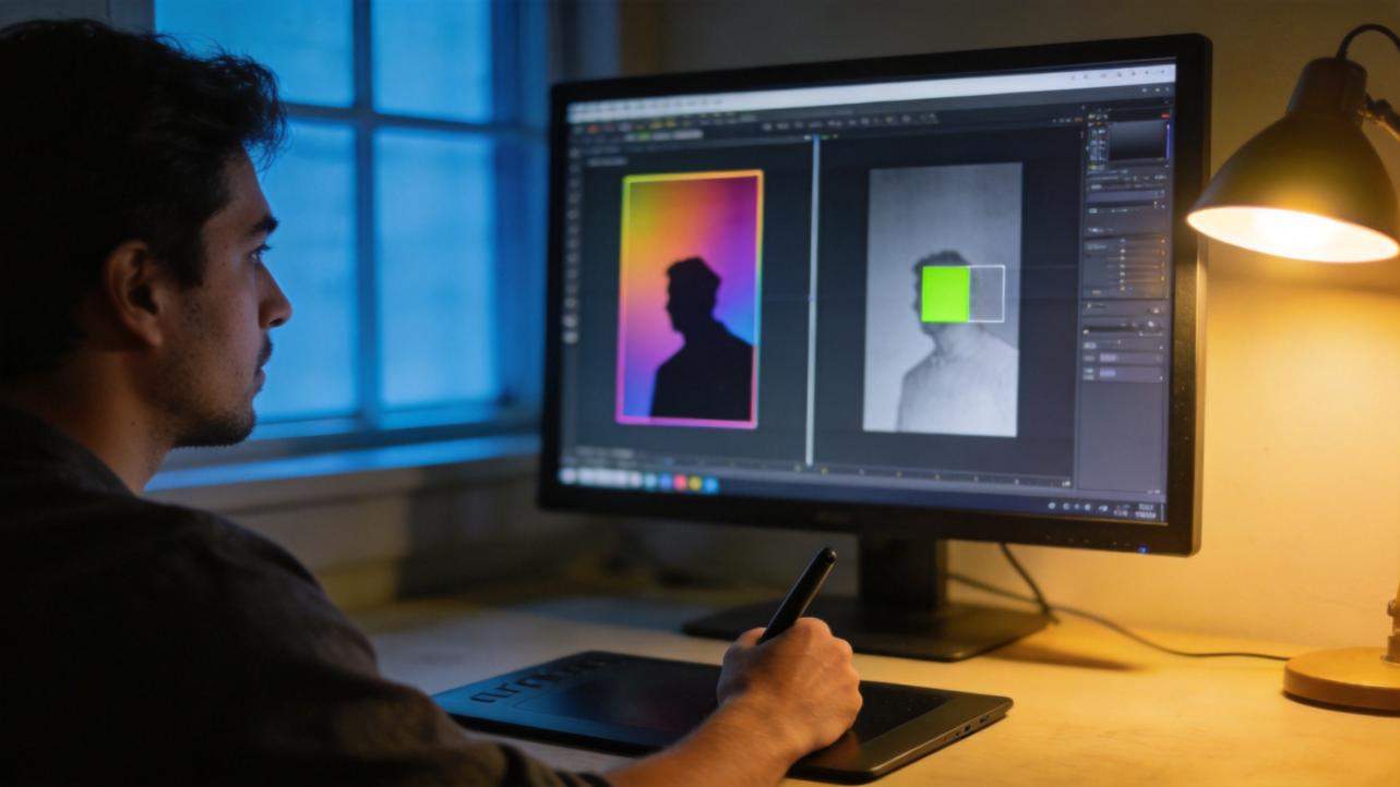 Designer editing a portrait on a monitor with a bright green accent against monochrome color grading