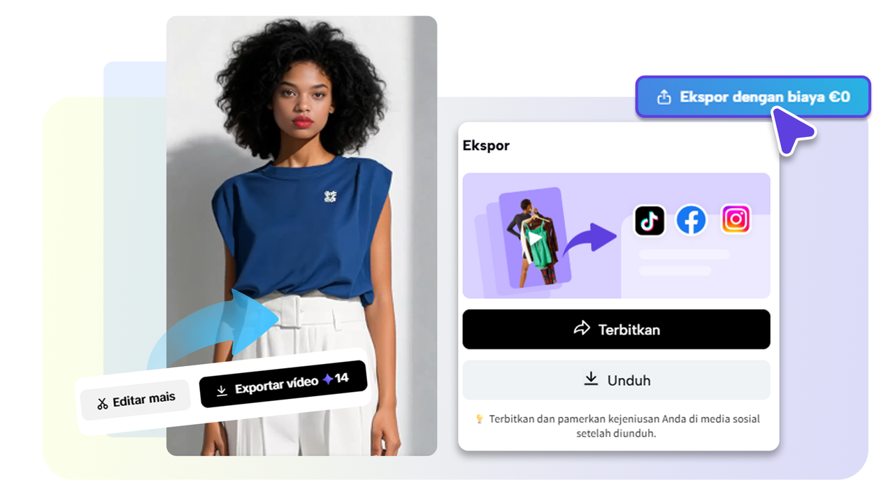 Setelah buat video iklan produk, gunakan editor lanjutan untuk sunting, tambah konten, lalu ekspor atau posting langsung.
