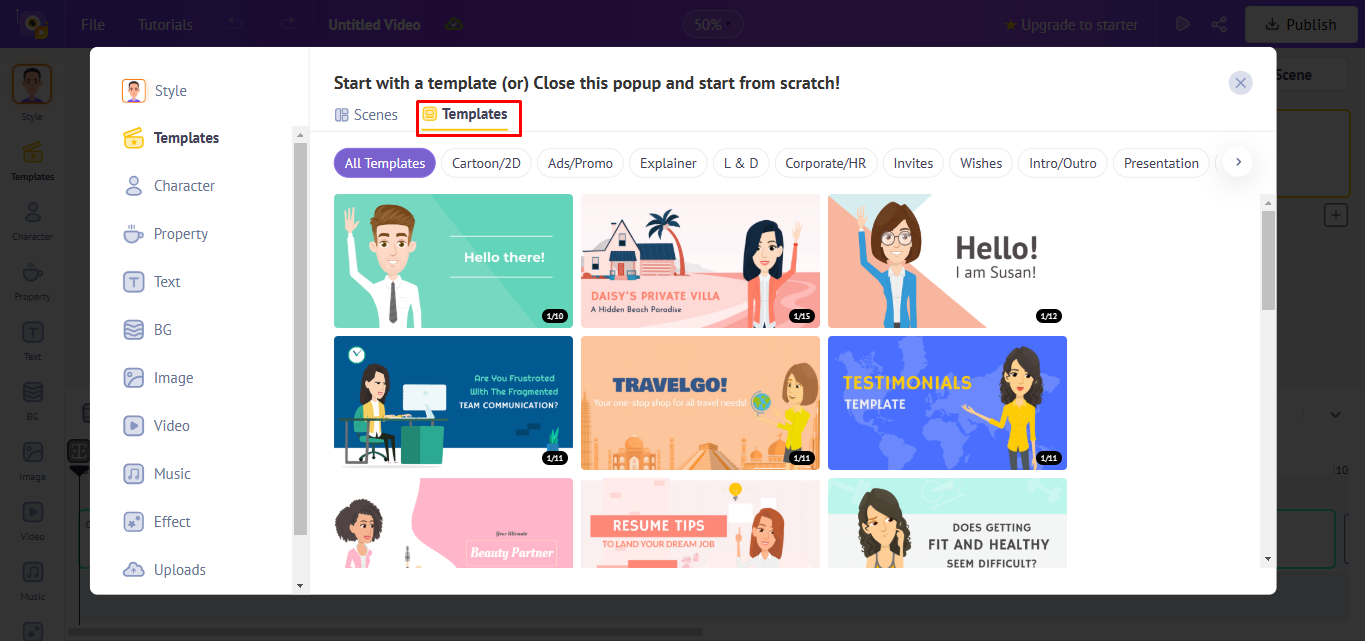 Choosing a template in Animaker