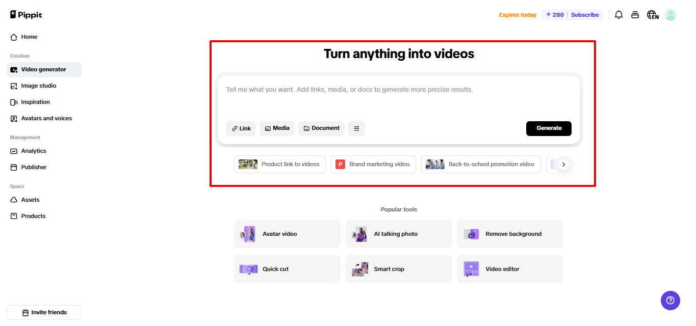 Video generator in Pippit