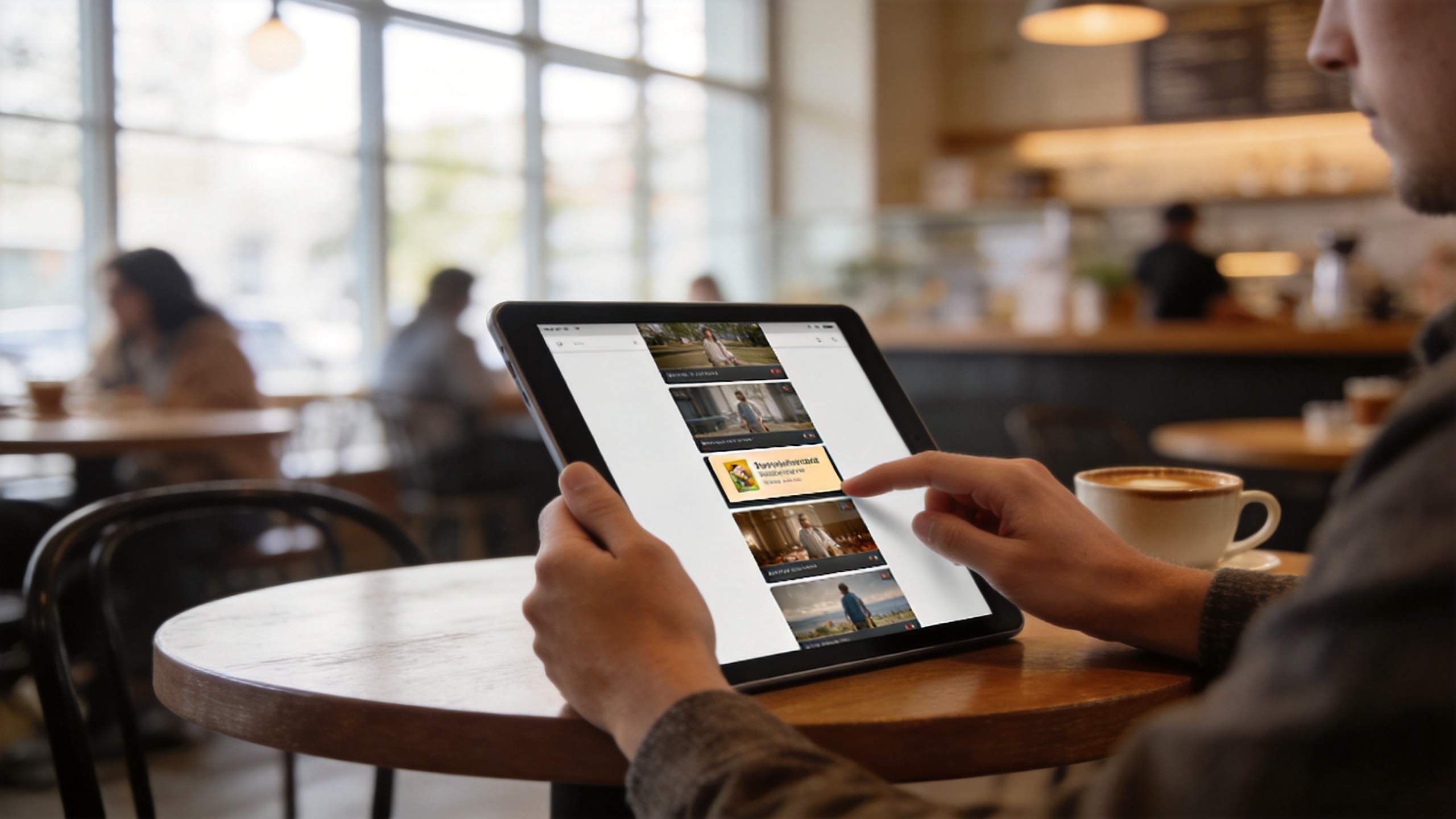 Person browsing video thumbnails on a tablet in a coffee shop