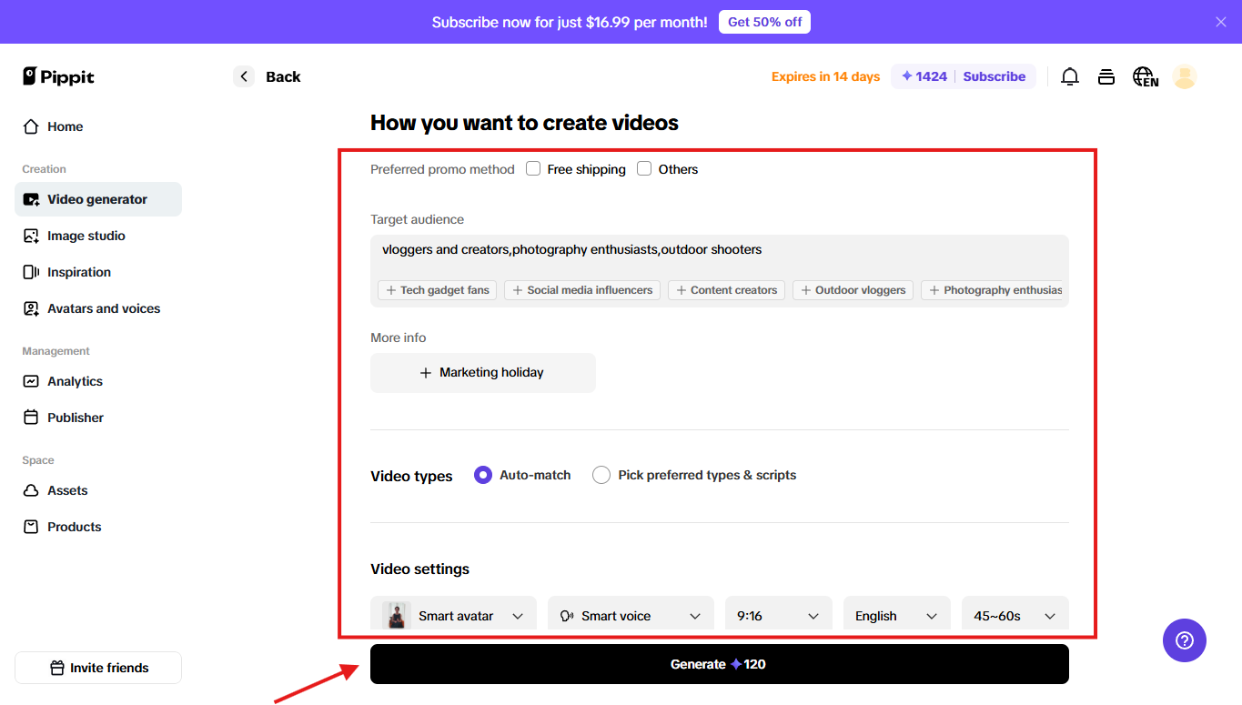 Pick your preferences and hit generate