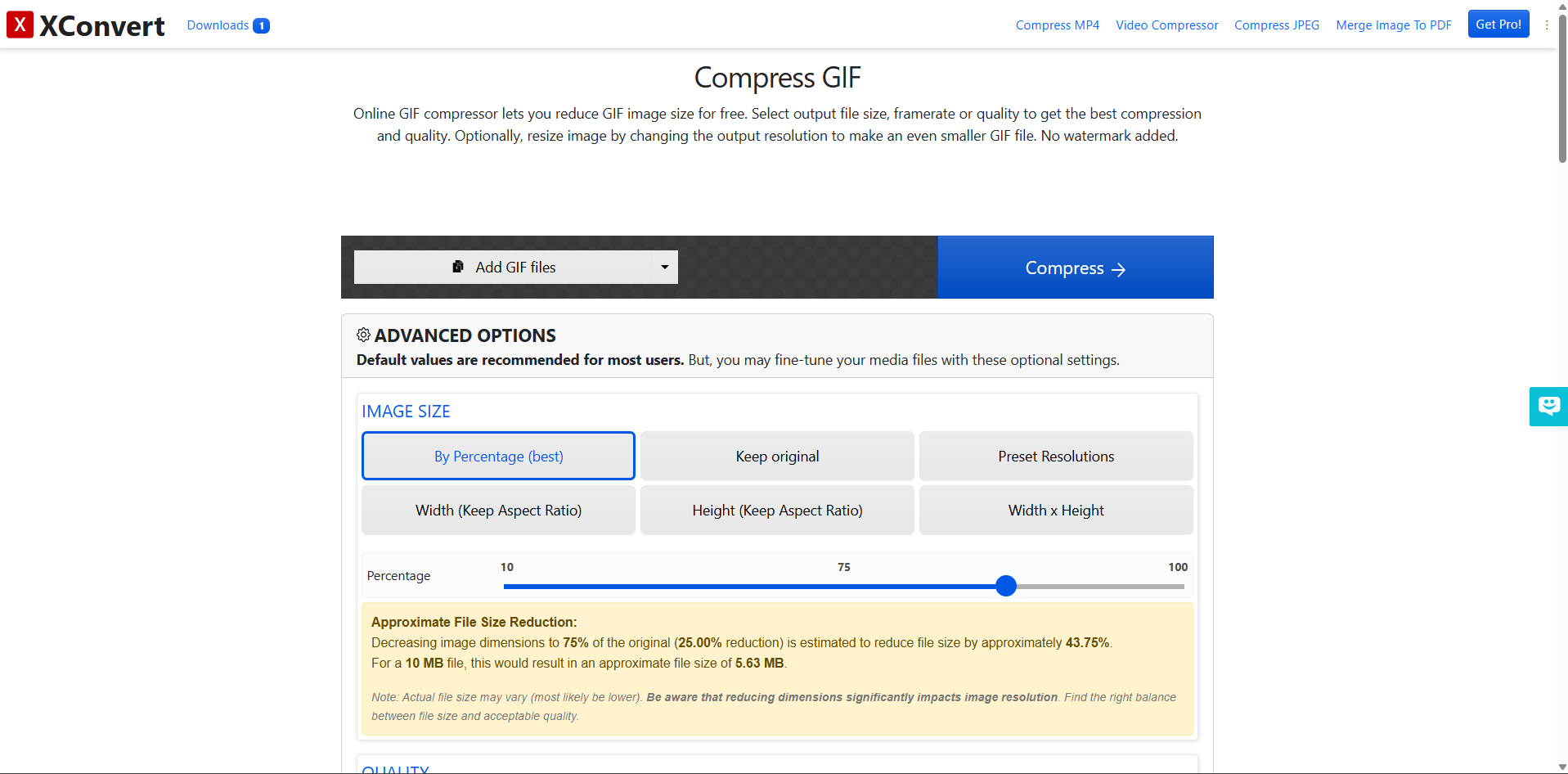 Interface of XConvert - a highly accessible tool to change GIF MB size