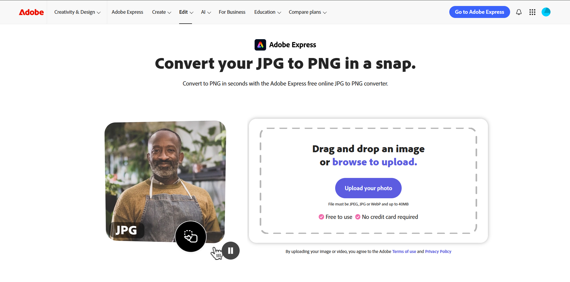 The interface of Adobe - a valuable online JPEG to PNG converter